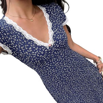 Women's Boho Floral Lace Trim Deep V Neck Short Sleeve Flared Maxi