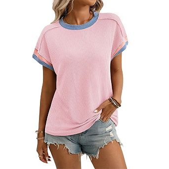 Summer Tops for Women Trendy Short Sleeve Shirts Waffle Knit Crew Neck Tops Fashion Outfits