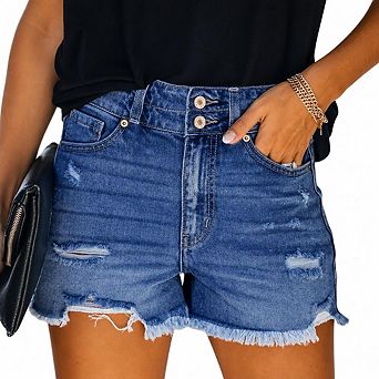 Womens Mid-High Waisted Stretchy Denim Shorts Distressed Ripped Casual Summer Hot Jean Pants