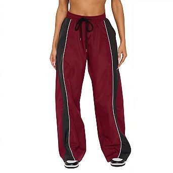 Women's Baggy Track Pants Y2K Color Block Drawstring Barrel Parachute High Waisted Streetwear Slacks