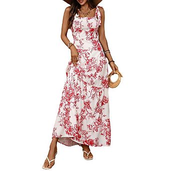 Womens Floral Maxi Sleeveless Square Neck Dress Tie Strap Sundress Flowy a Line Beach Long Dress