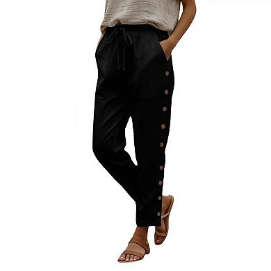 Women's Linen Capri Pants with Drawstring Petite Summer Beachwear Lightweight Elastic Waist Slacks