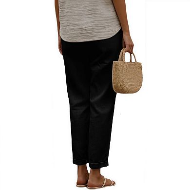Women's Linen Capri Pants with Drawstring Petite Summer Beachwear Lightweight Elastic Waist Slacks