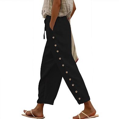 Women's Linen Capri Pants with Drawstring Petite Summer Beachwear Lightweight Elastic Waist Slacks