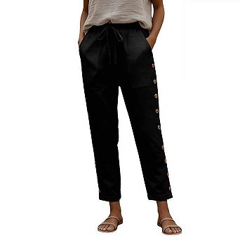 Women's Linen Capri Pants with Drawstring Petite Summer Beachwear Lightweight Elastic Waist Slacks