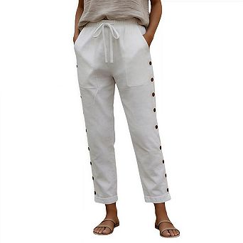 Women's Linen Capri Pants with Drawstring Petite Summer Beachwear Lightweight Elastic Waist Slacks