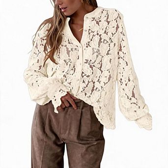 Womens Lace Tops Long Puff Sleeve Casual Dressy Blouses Eyelet Crew Neck Button Down Shirts