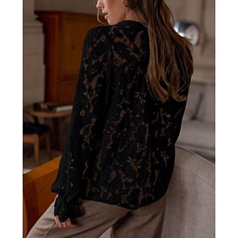 Womens Lace Tops Long Puff Sleeve Casual Dressy Blouses Eyelet Crew Neck Button Down Shirts
