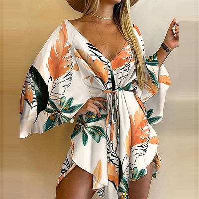 loose summer print mini dress Women's Summer v Neck Floral Print Dresses Loose Bat Half Sleeve Drawstring  Lace Up Mini Dress