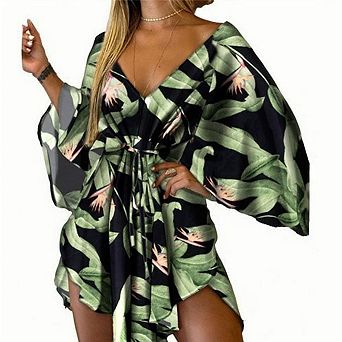 Women's Summer v Neck Floral Print Dresses Loose Bat Half Sleeve Drawstring Lace Up Mini Dress
