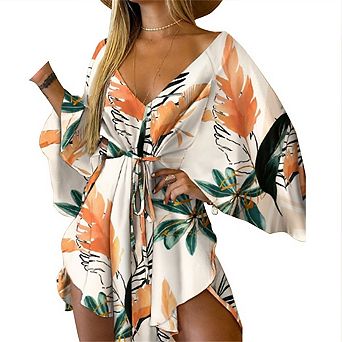 Women's Summer v Neck Floral Print Dresses Loose Bat Half Sleeve Drawstring Lace Up Mini Dress