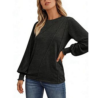 Women's Pleated Crew Neck Long Sleeve Blouse Loose Waist Detail Lightweight Everyday Top