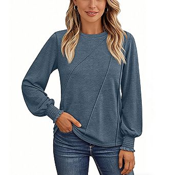 Women's Pleated Crew Neck Long Sleeve Blouse Loose Waist Detail Lightweight Everyday Top