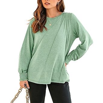 Women's Pleated Crew Neck Long Sleeve Blouse Loose Waist Detail Lightweight Everyday Top