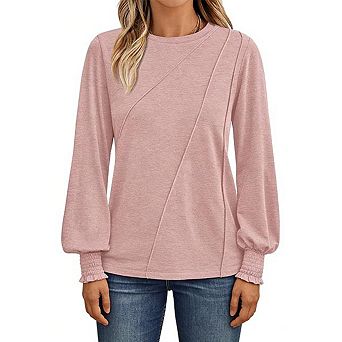 Women's Pleated Crew Neck Long Sleeve Blouse Loose Waist Detail Lightweight Everyday Top