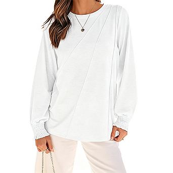 Women's Pleated Crew Neck Long Sleeve Blouse Loose Waist Detail Lightweight Everyday Top