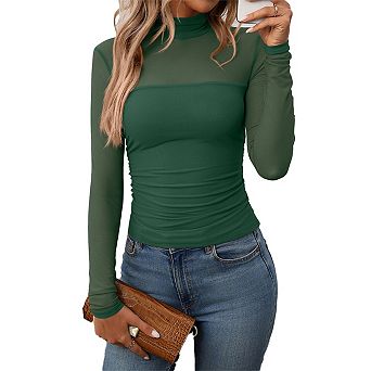 Women's Mock Neck Sheer Mesh Long Sleeve Top Inspired Lightweight Layering Tee