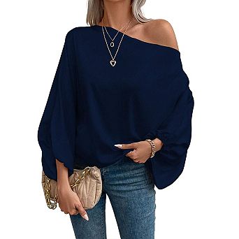 Women Off the Shoulder Blouses 3/4 Sleeve Asymmetrical Tops Business Casual Outfits