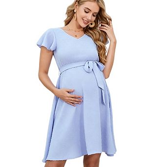 Women Maternity V Neck Casual Short Sleeve Flowy Midi Dress Belt Photoshoot Baby Shower