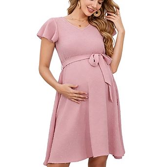 Women Maternity V Neck Casual Short Sleeve Flowy Midi Dress Belt Photoshoot Baby Shower