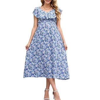 Women Maternity V Neck Boho Baby Shower Photoshoot Smocked Flutter Sleeve A Line Dress
