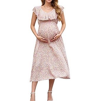 Women Maternity V Neck Boho Baby Shower Photoshoot Smocked Flutter Sleeve A Line Dress