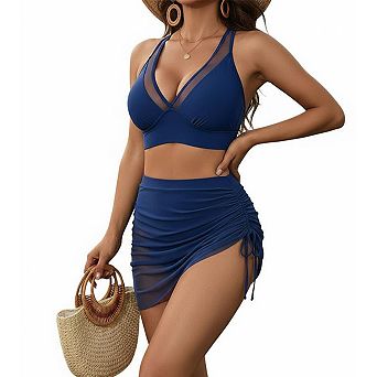 Womens Swim Skirt High Waisted Bikini Sets Tummy Control Swimsuits Mesh Sarong Wraps Bathing Suits