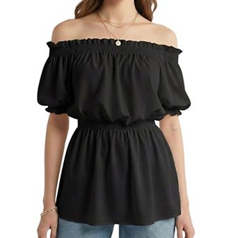 Women's Off Shoulder Smocked Waist Peplum Blouse Puff Short Sleeve Ruffle Trim Top