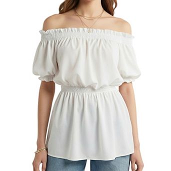 Women's Off Shoulder Smocked Waist Peplum Blouse Puff Short Sleeve Ruffle Trim Top