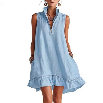 Womens Midi Tank Dress Sleeveless Flowy Ruffle Trim Zip Up Stand Collar Loose Fit Dress with Pockets