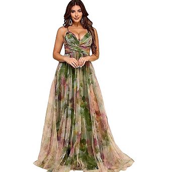Women's Boho Maxi Dress Floral Mesh Back Tie Spaghetti Strap Deep V Neck A Line Flowy Long Dresses