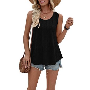 Women Ribbed Textured Round Neck Swing Tank Top Flared Hem Loose Fit Sleeveless Camisole