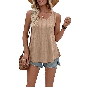 Women Ribbed Textured Round Neck Swing Tank Top Flared Hem Loose Fit Sleeveless Camisole