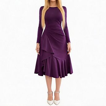 Womens Formal Maxi Dress Crewneck V Back Side Slit Ruffle Hem Long Sleeve Flowy A Line Long Dresses