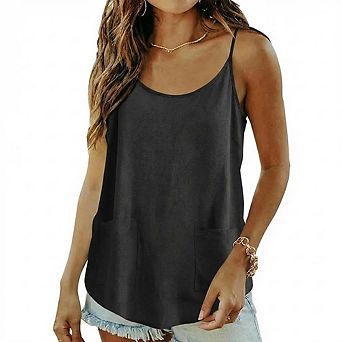 Women Scoop Neck Spaghetti Strap Tank Top Loose Hem Casual Sleeveless Camisole With Two Front Pocket