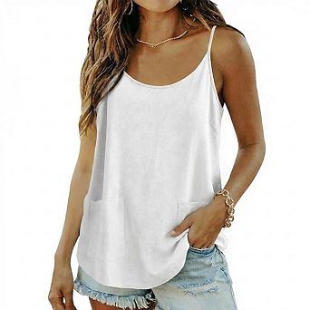 Women Scoop Neck Spaghetti Strap Tank Top Loose Hem Casual Sleeveless Camisole With Two Front Pocket