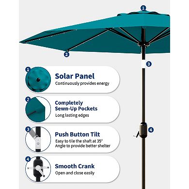 ANIXOL 9ft Solar LED Patio Umbrella, 32 Lights, Tilt and Crank, for Garden, Pool, Deck
