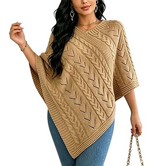 Women's Cable Knit Openwork Sweater Shawl Loose V Neck Poncho Wrap