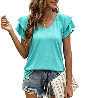 Women's V Neck Double Ruffle Cap Sleeve Blouse Loose Fit Casual T Shirt