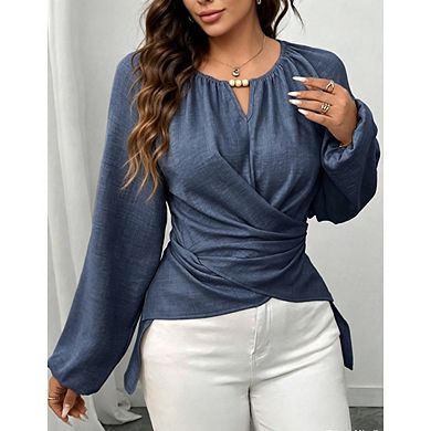 Women's Boho Long Sleeve Blouse V Neck Wrap Front Tie Waist Top Irregular Hem Shirt