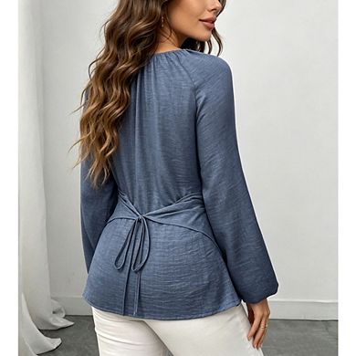Women's Boho Long Sleeve Blouse V Neck Wrap Front Tie Waist Top Irregular Hem Shirt