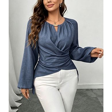 Women's Boho Long Sleeve Blouse V Neck Wrap Front Tie Waist Top Irregular Hem Shirt