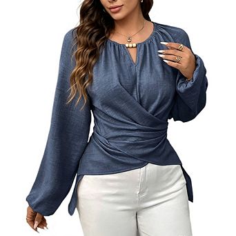 Women's Boho Long Sleeve Blouse V Neck Wrap Front Tie Waist Top Irregular Hem Shirt
