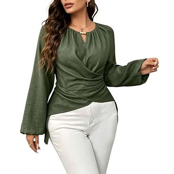 Women's Boho Long Sleeve Blouse V Neck Wrap Front Tie Waist Top Irregular Hem Shirt