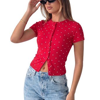 Women's Polka Dot Short Sleeve Crop Top Button Front Slim Fit Blouse
