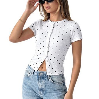 Women's Polka Dot Short Sleeve Crop Top Button Front Slim Fit Blouse