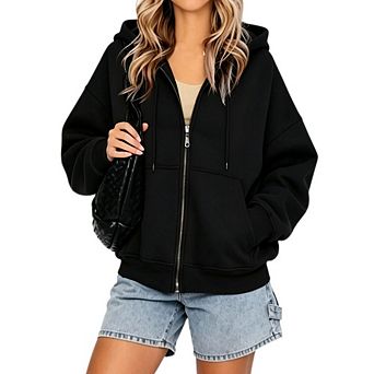 Women's Oversized Full Zip Hooded Causal Fleece Lined Sweatshirt Jacket