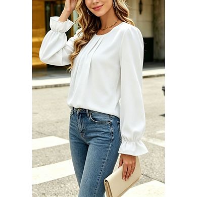 Women's Round Neck Chiffon Blouse Pleated Causal Dressy Long Sleeve Basic Layering Top
