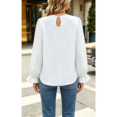 Women's Round Neck Chiffon Blouse Pleated Causal Dressy Long Sleeve Basic Layering Top