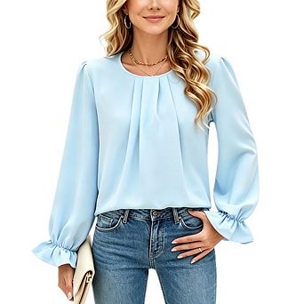 Women's Round Neck Chiffon Blouse Pleated Causal Dressy Long Sleeve Basic Layering Top